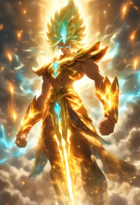 Epic young saint elemental warrior entity,ultimate power,enigmatic aura,divine presence,glowing holy armor,powerful magical staff,commanding stature,transcendent beauty,ethereal grace,mystical symbols,heroic pose,radiating energy,otherworldly background,sa...