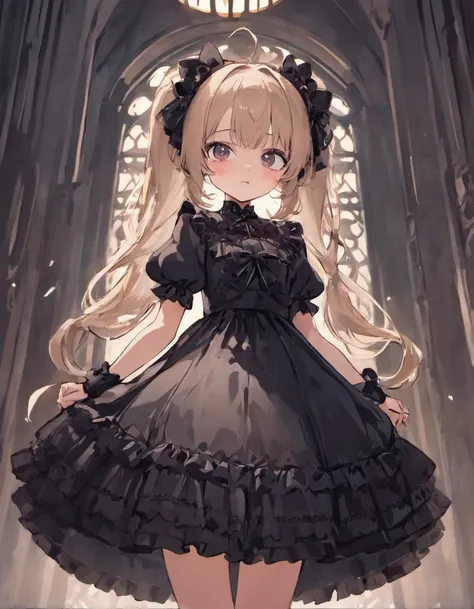 Costume planning theme Halloween, Gothic lolita, Gothic, Black-white details, Full body front design, gothic lolita girl, loli, lolita dress with frill and lace