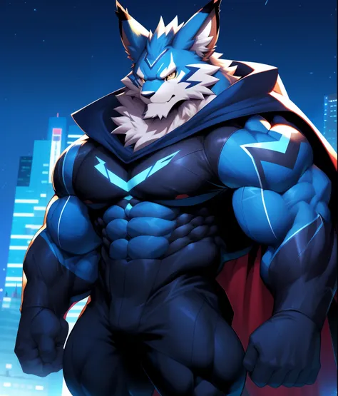 Leomon Gigachad, super hero, hero, bodysuit, cape, hood, bodysuit, massive muscles, huge pecs, chiseled abs, huge pectorals. City background, skyscraper, futuristic city, night, stars, night lights,