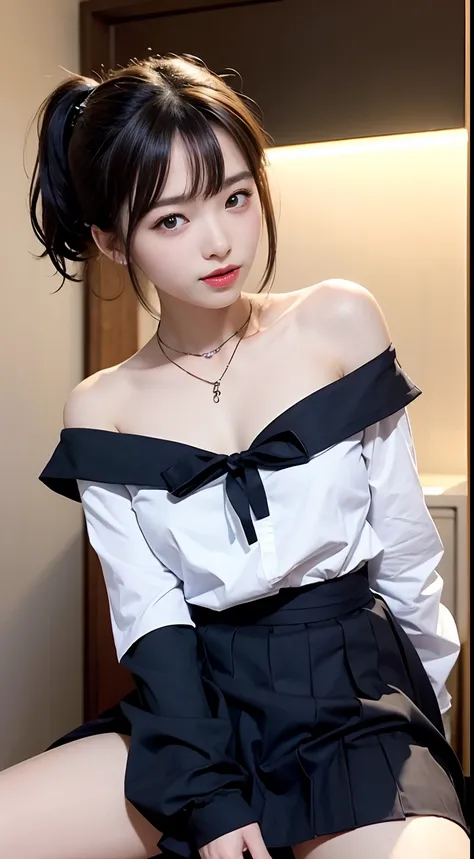 photoreali、photoRealstic　brunette color hair、hair straight、tit、Black eyes、Slim、Plump cheeks、Sixteen years old、Big high school girl、Suppin、Short hair tied up，Short ponytail hair，So that it is not exposed、Cute Baby Turtle、a sailor suit、Female Student、bow rib...