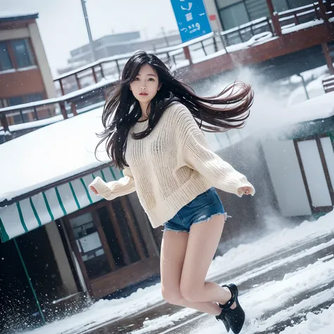 A Japanese Lady、beauitful face、二重まぶた、Longhaire、voluminous hair、Black sweater、Micro shorts、hotpants、beauty legs、landing、tall、Raw feet、Height 175 cm、Black pin heels、landing、Oyuki、snow blowing、snow cover、heavy wind、Snowstorm is not visible ahead、Hair flutteri...