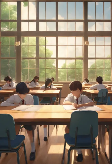 junior high school students, classroom, wooden tables and student chairs, windows,(anime style),(CG), atmospheric perspective, masterpiece,((from side)), accurate, ((best quality)), high quality, super detail, high details, anatomically correct, highRes, 1...