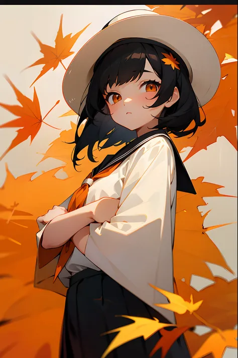 teens girl，with short black hair，elementary student，Small size，Black and white school uniform，adolable，greet，orange eyes，maple leaves，autumnal，sunhat