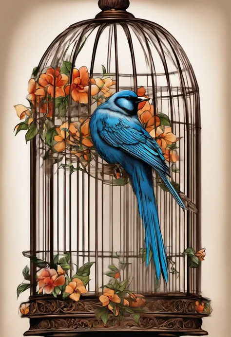 (Best Quality, masutepiece:1.2), hight resolution, Simple background, Detailed ink drawing, Sculpture style, Flowers in a bird cage