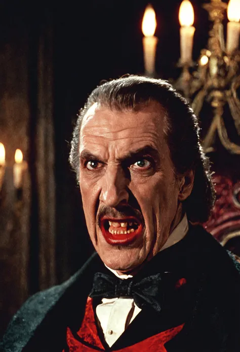 closeup cinematic still of (Vincent Price) as dracula, open mouth fangs bared, (1800s) inside creepy mansion, red, fireplace, standing glaring, perfect eyes, detailed face, foreboding, menacing, (bram stokers dracula movie), analog, high saturation