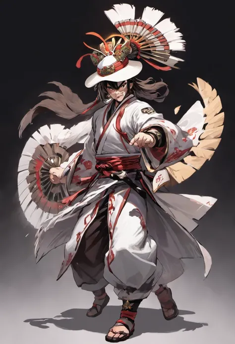 three kingdom, White clothes, Feather fan, White hat，A meticulous face，Clear face，Full body like，Shogun，with black background, High picture quality，tmasterpiece，best qualtiy，超高分辨率