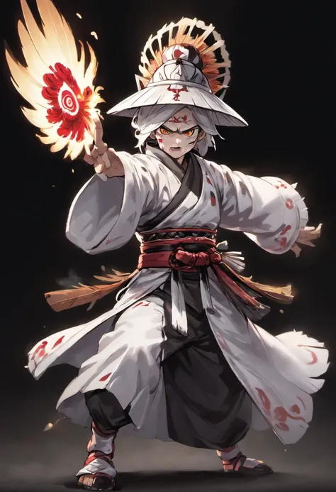 three kingdom, White clothes, Feather fan, White hat，A meticulous face，Clear face，Full body like，Shogun，with black background, High picture quality，tmasterpiece，best qualtiy，超高分辨率