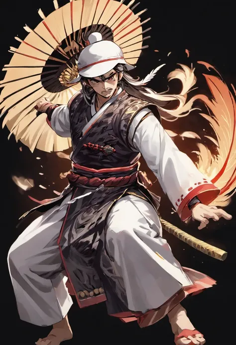 three kingdom, White clothes, Feather fan, White hat，A meticulous face，Clear face，Full body like，Shogun，with black background, High picture quality，tmasterpiece，best qualtiy，超高分辨率