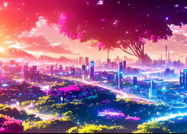 a discodifland anime scene, cities, flowers, artstation, sharp focus, inspiring 8k wallpaper, vivid colors, neon lights