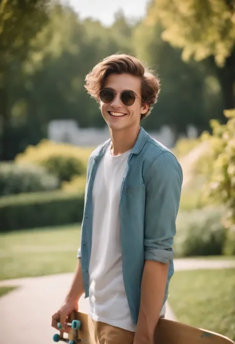 playful and fun 20-year-old man,illustration,smiling face,stylish clothes,cool hairstyle,colorful sunglasses,holding a skateboard,in a sunny urban park,best quality,ultra-detailed,realistic:1.37,vibrant colors,warm tones,sunlight filtering through the tree...