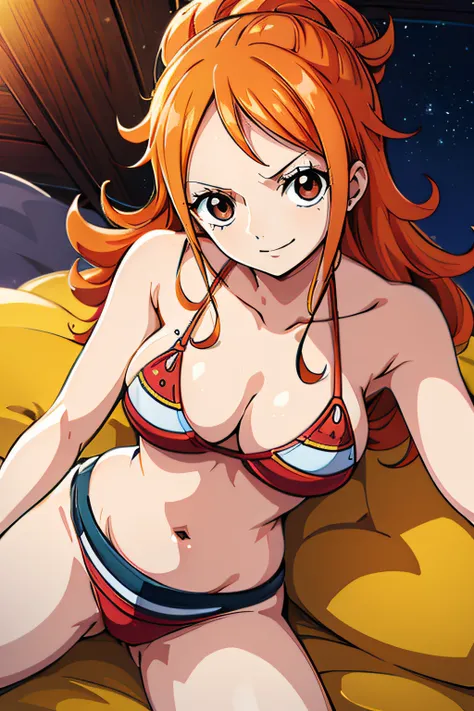 Generar una imagen realista de estilo anime de Nami de One Piece. Captura su apariencia distintiva con cabello naranja, and a cheerful expression. Make sure the image reflects your adventurous and confident personality as shown in the anime..., cuerpo comp...