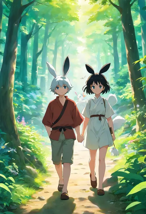 A boy with white skin and a boy with black and white hair, Walk the charming trails together, Magical forest environment, A stream with twinkling lights, Fascinating animal company, catss, rabbits, squirrels, Butterfly fairy, 。.3D, anime big breast, tmaste...