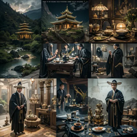 6 manly men，Top image quality，8K,conference site，In the canyon ancient temple，View desktops all，Six male immortals，Black gold python robe crane relief，Gourd tea set，Six dishes and one soup，A masterpiece of telephoto photography，Realisticstyle，hyper photore...