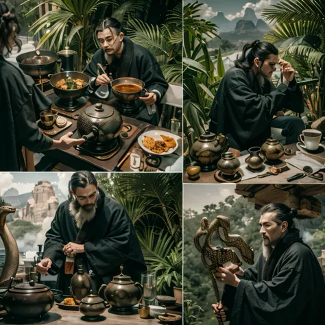 6 manly men，Top image quality，8K,conference site，In the canyon ancient temple，View desktops all，Six male immortals，Black gold python robe crane relief，Gourd tea set，Six dishes and one soup，A masterpiece of telephoto photography，Realisticstyle，hyper photore...