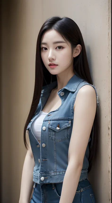 realistic photos of 1 cute Korean star, straight hair, white skin, thin makeup, 32 inch breasts size, wearing sleeveless denim shirt, pants, standing against the wall, close-up portrait, UHD