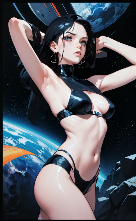 space thriller movie poster, masterpiece, best quality, 1 girl, sexy, erotic, (Bauhaus, shapes, lines, abstract:1.1) in the style of drew struzan,