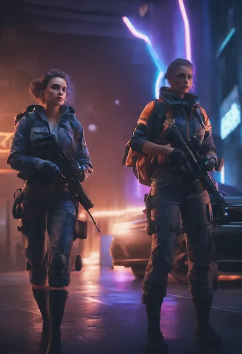 ((high quality)), ((masterpiece)), 8k, 2girls, cars, light rays, extremely detailed CG unity 8k wallpaper, cg game, looking at viewer, gloves, boots, full body, watch , computer, mask, drone, holding gun, headphones, jacket, bag, backpack, cameltoe, neon