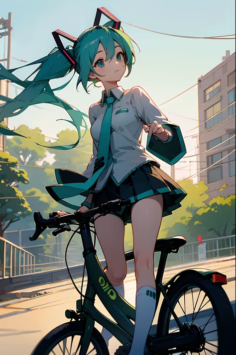 Big breasts Hatsune Miku，elementary student，Small size，adolable，With green onions，Bicycle cat lady