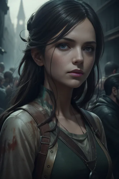 a portrait of a lonely beauty zombie girl alone in a crowd, alabaster skin, grunge outfit, crawed background, doubtful poses, perfect face, hyper detailed, dead inside, green eyes, (extremely detailed cg unity 8k wallpaper), the most beautiful artwork in t...