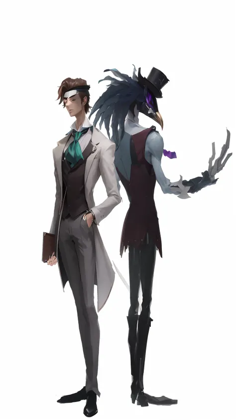 Two men in costumes and hats stood side by side, skinny male fantasy scientist, in style of cytus and deemo, medium shot of two characters, Two characters, Two different characters, full body concept art, From cryptid academia, unrealistic character concep...