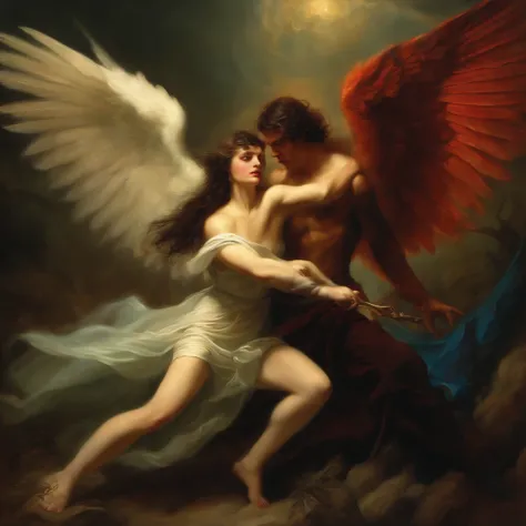 an beautiful angel fighting a demon