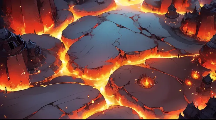 close up view of hell surrounded by burning flames and rocks, anime scenery concept art, game scenery concept art, environmental...