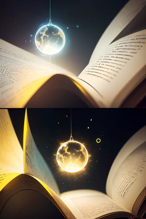 an open book，The pages are yellowed，Inside fly out a dot-like white fluorescence，Cinematic lighting effects