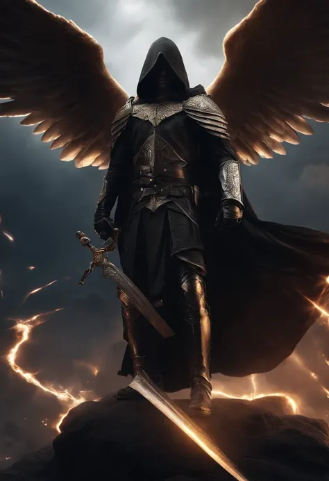 Realistic, 4K, Angels with big wings, Black clothes, one sword, Hood on head in war background image (chaos)