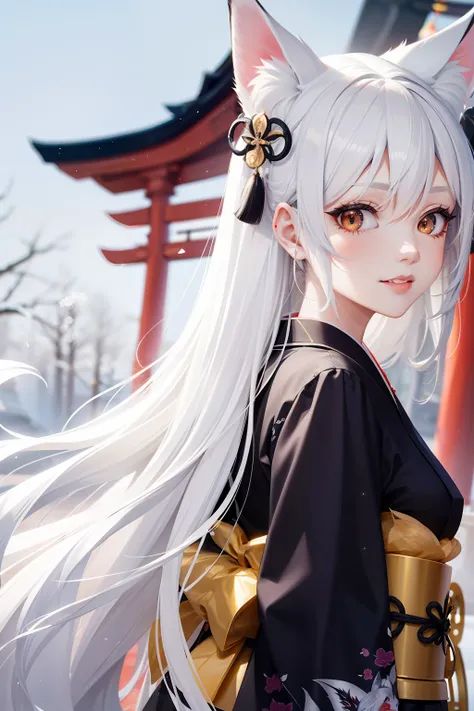 Adult Woman, long white hair, Fox ears, fox tails, Golden Eyes, black and white eyes, Kimono, ssmile, masutepiece, hiquality、Tattoos on the face、Shrine Torii