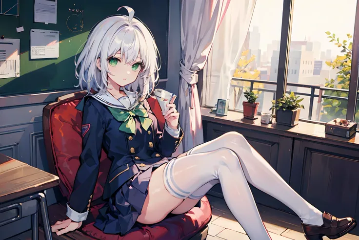 Masterpiece, Best quality, a beauty girl, White hair, Medium hair, ahoge, Green eyes, school uniform, white thighhighs