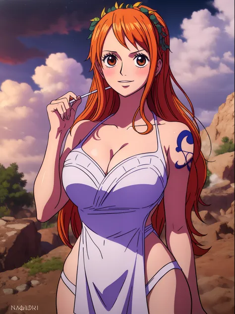 nami from one piece,very light orange and yellowish haired girl,beautiful brown eyes, blushing cheeks,in a clouds in the sky smi...