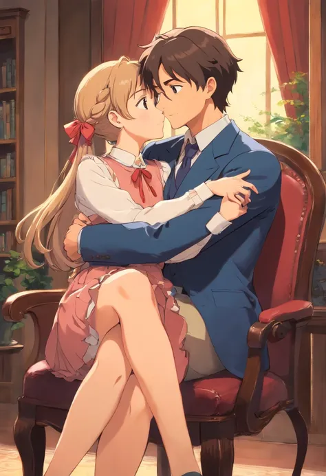 Male and female couples　Girl sitting on a chair wearing a tight skirt over a blouse。Boys hugging each other from behind。Boy in formal outfits with cool cut hairstyle。kissing each other 。