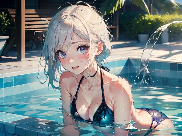 1 beauty, daughter,Light Purple Eyeshadow,platinum-blonde-hair, Watery Big Eyes,Beautiful constriction,Toothless smile,long eyelasher,Blushlush, in poolside, Wet whole body, ((Platinum Color Bikini Swimsuit)),(wet and disheveled hair:1.4),bustshot,Dynamic ...