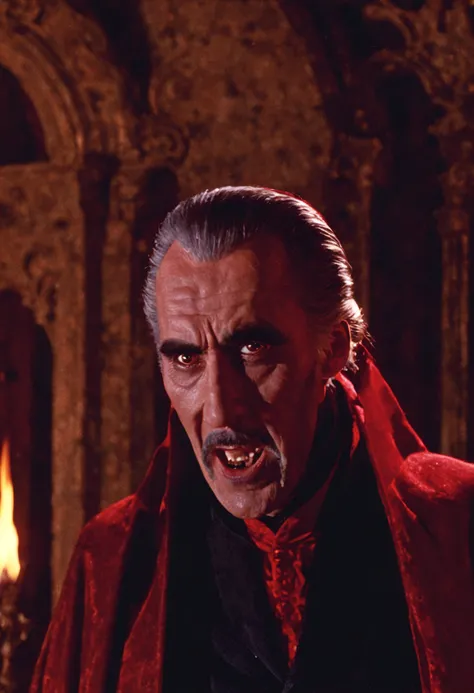 closeup cinematic still of (Christopher Lee) as dracula, open mouth fangs bared, (1800s) inside creepy mansion, red, fireplace, standing glaring, perfect eyes, detailed face, foreboding, menacing, (bram stokers dracula movie), analog, high saturation