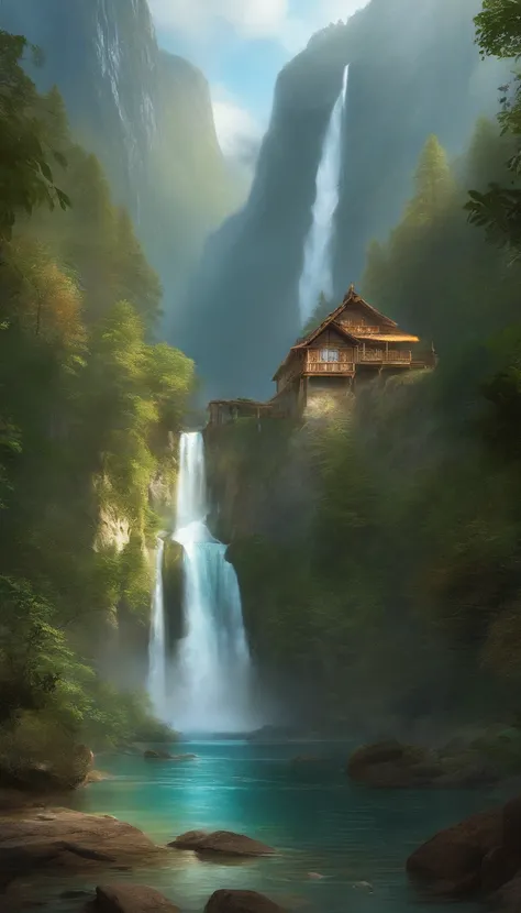 Painting a waterfall in a mountainous area with a house at the top, Papier peint vertical, Papier peint vertical 4 k, 4k vertical wallpaper, 8 k papier peint vertical, 8k vertical wallpaper, Ross Tran. Scenic background, beau mattepainting, Peinture mate 4...