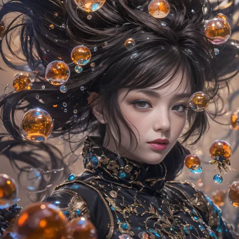 32K（tmasterpiece，k hd，hyper HD，32K）Black-braid fairy，Flowing bubbles，ponds，zydink， a color（Black braided student）， （Colorful bubbles）， Combat posture， looking at the ground， Large rolls of rouge bubbles，Black braids，Silk platinum crystal tiara， Chinese lon...