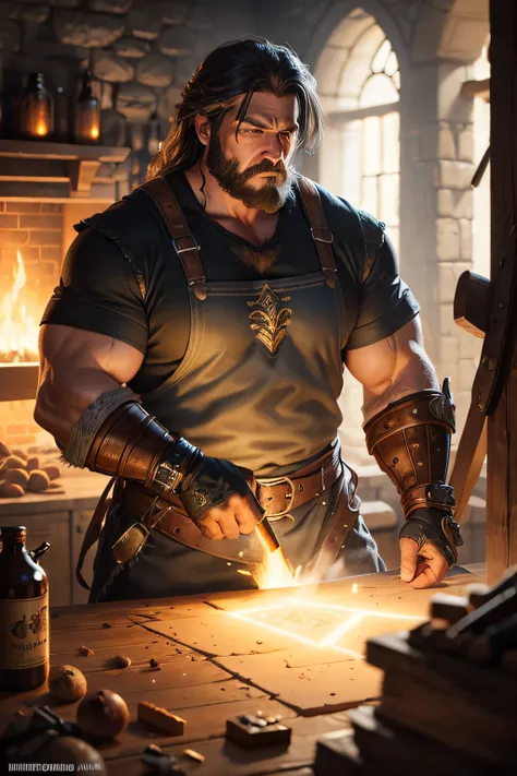 "strong man, blacksmith, RPG forgery, long hair, illustration, realistic, detailed, high resolution, physically-based rendering, vivid colors, warm lighting, metallic textures, sparks"