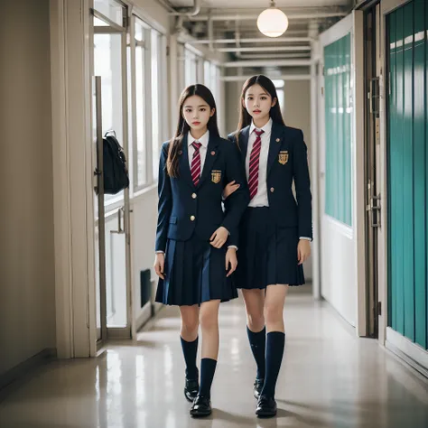 Masterpiece, best quality,3girl, school uniform, indoor, school hallway, looking at viewer,full body, cowboy shot,16k,uhd