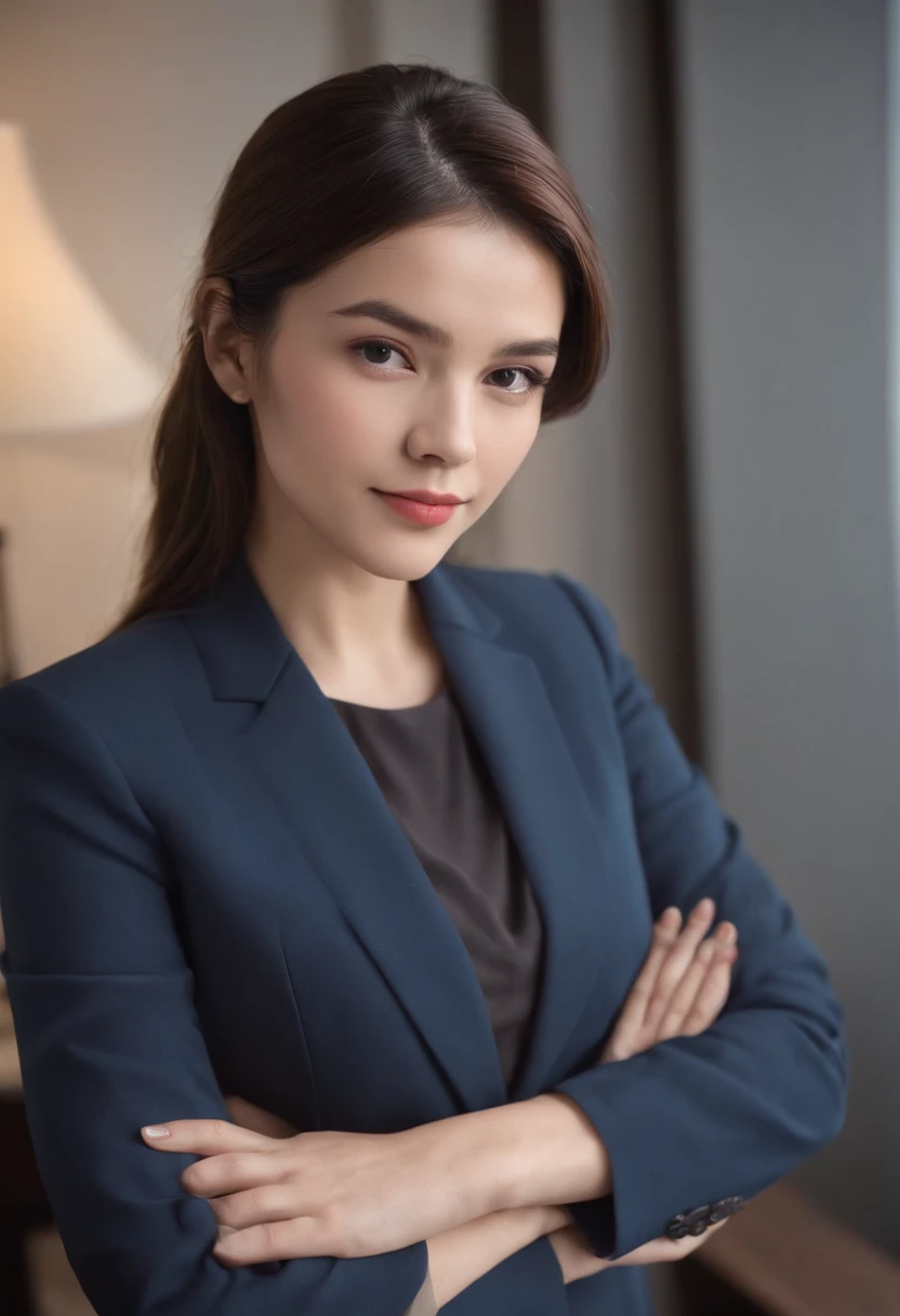 Professional image of a 25-year-old working woman, Wear a navy blue business casual suit and hip wrap skirt, Professional profile photo, posing with crossed arms, professional picture, professional profile picture, photograph of a woman, Business woman, le...