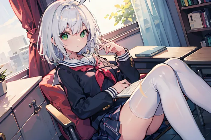 Masterpiece, Best quality, a beauty girl, White hair, Medium hair, ahoge, Green eyes, school uniform, white thighhighs