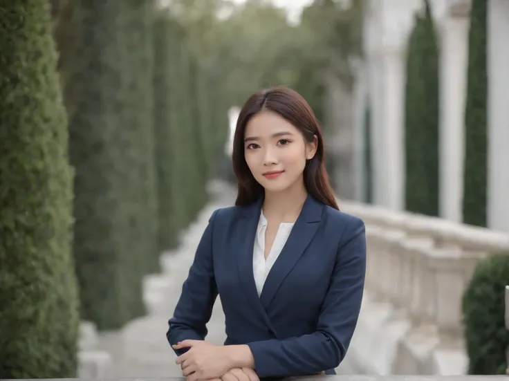 Professional image of a 25-year-old working woman, Wear a navy blue business casual suit and hip wrap skirt, Professional profile photo, posing with crossed arms, professional picture, professional profile picture, photograph of a woman, Business woman, le...