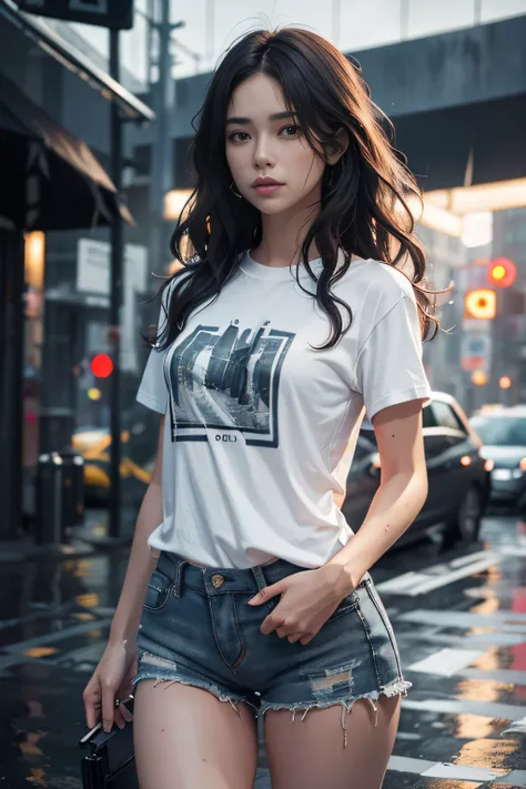 Beautiful woman with wavy hair, delicate and charming eyes, thigh notch, sexy long legs, t-shirt in small shorts, beautiful futuristic cyberpunk + city, mist, damp, rain, best quality masterpiece, realistic, detailed, 8k, HDR, shallow depth of field, wide ...