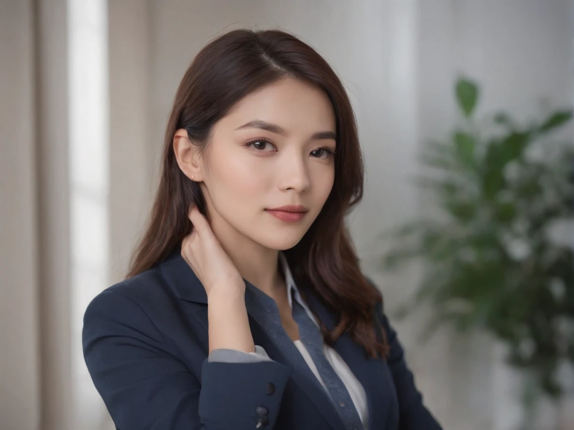 Professional image of a 25-year-old working woman, Wear a navy blue business casual suit and hip wrap skirt, Professional profile photo, posing with crossed arms, professional picture, professional profile picture, photograph of a woman, Business woman, le...