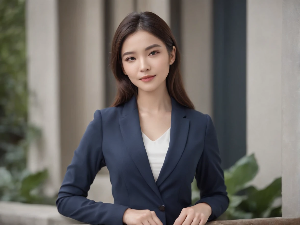 Professional image of a 25-year-old working woman, Wear a navy blue business casual suit and hip wrap skirt, Professional profile photo, posing with crossed arms, professional picture, professional profile picture, photograph of a woman, Business woman, le...