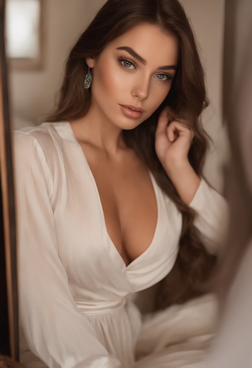 arafed woman fully , sexy girl with brown eyes, ultra realistic, meticulously detailed, portrait sophie mudd, brown hair and large eyes, selfie of a young woman, bedroom eyes, violet myers, without makeup, natural makeup, looking directly at the camera, fa...