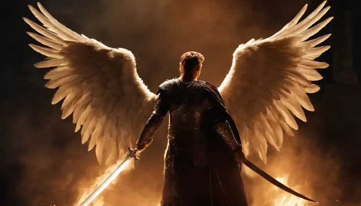 an image of an angel with a sword standing in hell, Anjo no inferno, arcanjo, angels vs demons, angel watching demon, angels and demons, anjo protegendo o homem, Arcanjo Miguel, O Anjo da Morte, Battle between angels and demons, anjo super largo, epic ange...