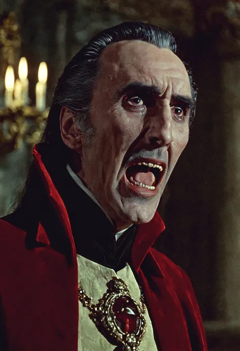 closeup cinematic still of (Christopher Lee) as dracula, open mouth fangs bared, (1800s) inside creepy mansion, red, fireplace, standing glaring, perfect eyes, detailed face, foreboding, menacing, (bram stokers dracula movie), analog, high saturation