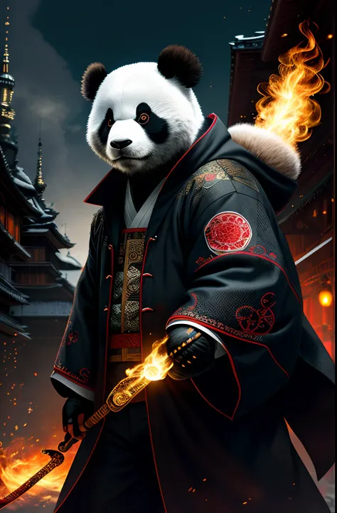 extremely detailed 8k wallpaper), intricate, richly detailed, dramatic, Panda bear with white kimono, ready for combat, Sinister face is drawn with only a pair of red eyes peeking underneath, graphics insanely, light is reflected in the ornaments, bright a...