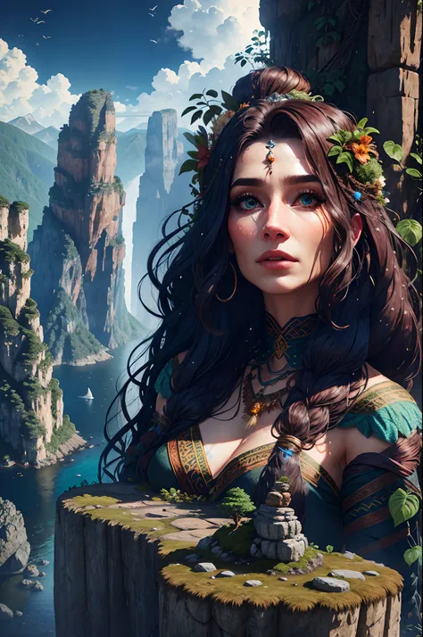 4k realistic, living mountain woman, plant hair, rock skin, giant woman island. goddess