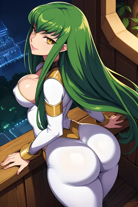 Code Geass, C.C, 1girl, (((bimbo))), long green hair, yellow eyes, ear rings, puffy lips, painted lips, thick lips, wide hips, thick thighs, small round breast, huge ass, revealing cleavage, erotic, Smile face, bubble butt, camel toe, Breasts, revealing wh...